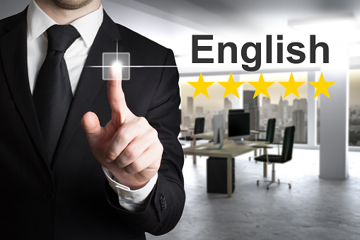 businessman translator in office writing english in the air