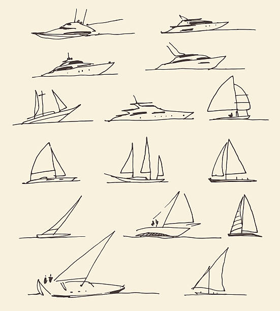 ilustraciones, imágenes clip art, dibujos animados e iconos de stock de conjunto de barcos dibujados a mano, ilustración vectorial - yacht