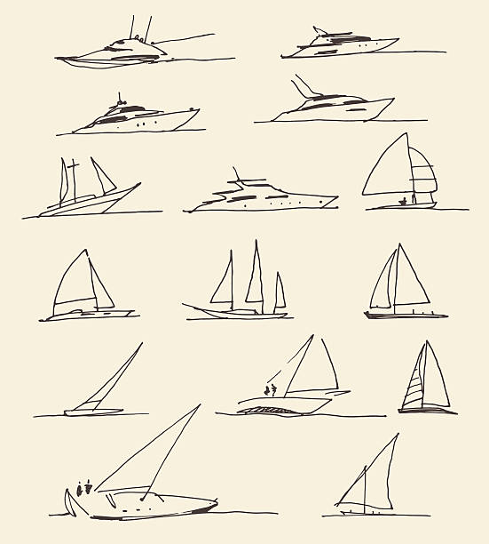 illustrazioni stock, clip art, cartoni animati e icone di tendenza di set di barche disegnate a mano, illustrazione vettoriale - yacht sailing sailboat nautical vessel