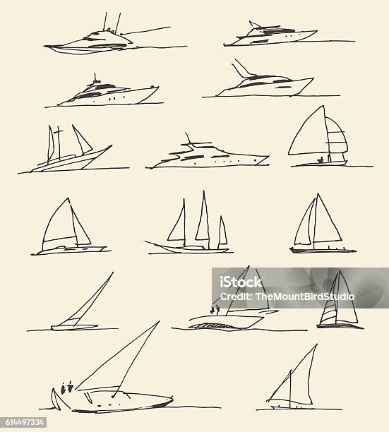 Set Of Hand Drawn Boats Vector Illustration Stock Illustration - Download Image Now - Nautical Vessel, Sailboat, Drawing - Activity