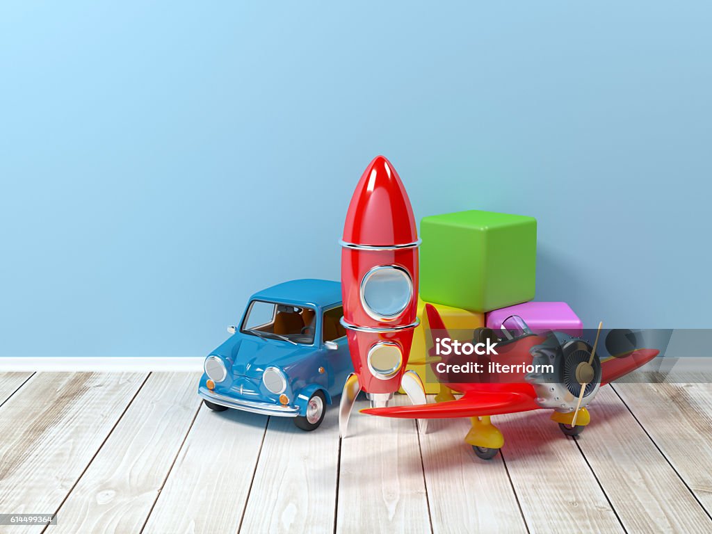 toys at wall Toys on the floor on a background at wall. 3d illustration Toy Stock Photo