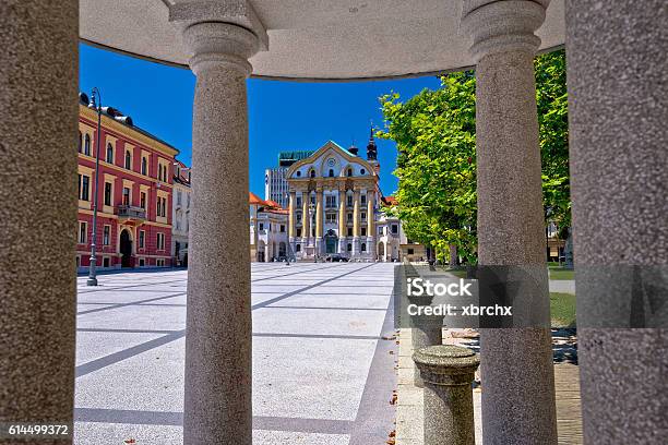 Ljubljana Pavilion And Church View Stock Photo - Download Image Now - Architecture, Blue, Building Exterior