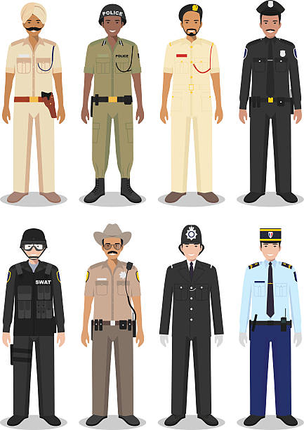 ilustraciones, imágenes clip art, dibujos animados e iconos de stock de el concepto de policía internacional: sheriff, gendarme y policía. - middle eastern ethnicity illustrations