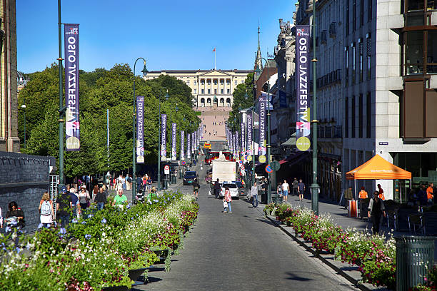 Oslo, Norway - August 17, 2016: People walk Oslo's main street Karl Johans at center with the Royal Palace in the background in Oslo, Norway