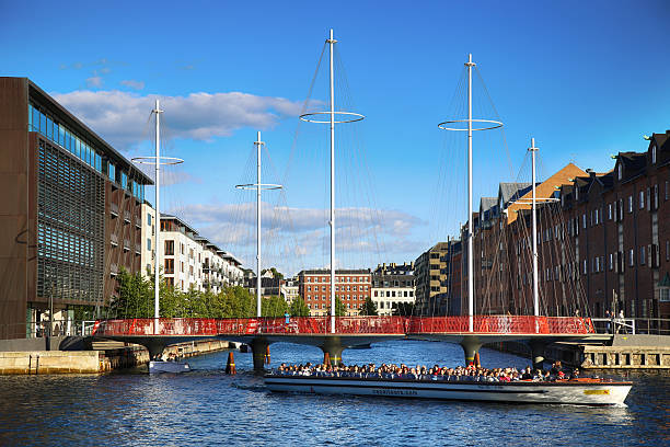 Copenhagen, Denmark - August 16, 2016: Beautiful view on the modern Circle Bridge ( Cirkelbroen ) and canal with tourist boat in Copenhagen, Denmark