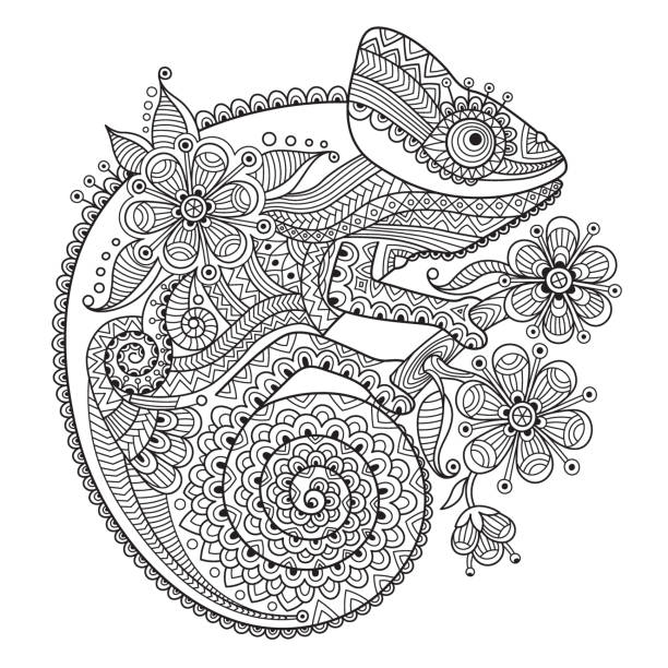 Black and white vector illustration with a chameleon in ethnic Black and white vector illustration with a chameleon in ethnic patterns. It can be used as a coloring antistress for adults and children. animal markings stock illustrations