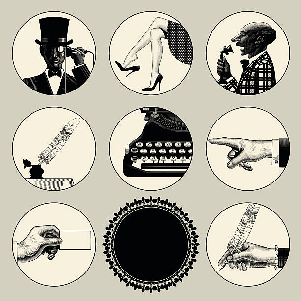 ilustrações de stock, clip art, desenhos animados e ícones de set of round images in vintage engraving style - typewriter writing journalist typing