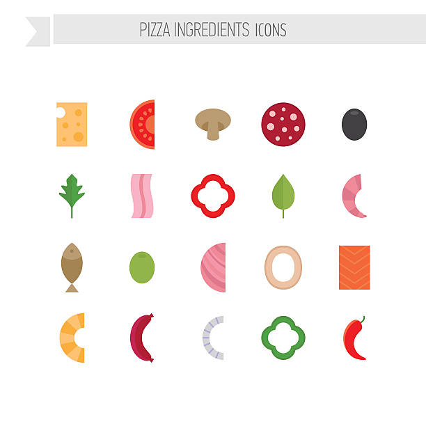 피자 재료 플랫 아이콘 세트. - symbol salmon pineapple pizza stock illustrations