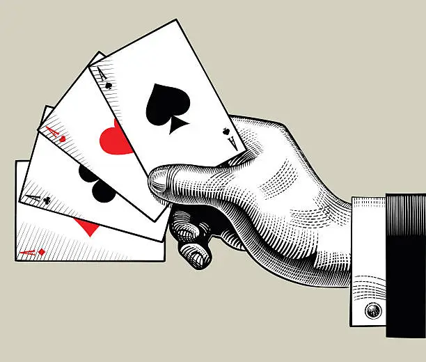 Vector illustration of Hand with ace playing cards fan. Vintage engraving stylized draw