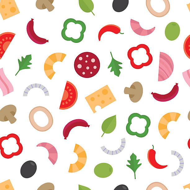 Seamless pattern with the ingredients for pizza.Food background. Seamless pattern with the ingredients for pizza. Food background. Vector illustration, flat style. pizza topping stock illustrations