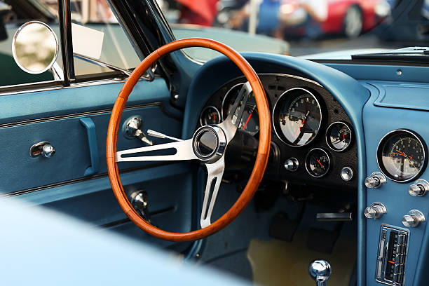 istock classic retro  vintage blue car. Car interior 614506170