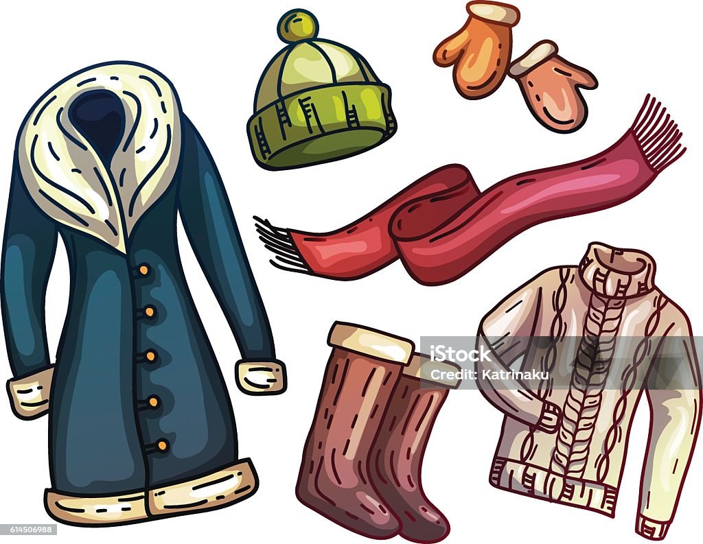 Set of warm winter clothes and accessories. Fashionable set clothes. Set of warm winter clothes and accessories. Fashionable set clothes. Scarf, winter hat, winter coat, boots, warm gloves with fur. Vector illustration Winter Coat stock vector