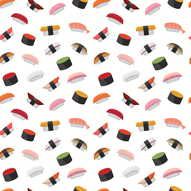 ilustraciones, imágenes clip art, dibujos animados e iconos de stock de patrón sin costuras para el menú de sushi. antecedentes de cocina japonesa. - sushi cartoon food wallpaper pattern