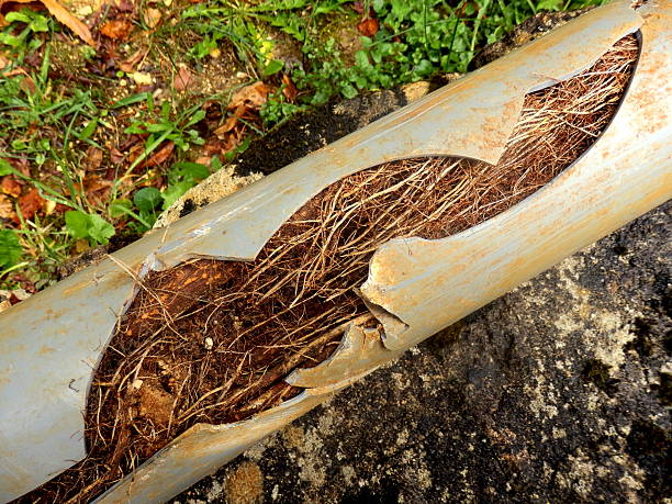 Split drainage pipe Split drainage pipe caused by ingress of tree roots root stock pictures, royalty-free photos & images