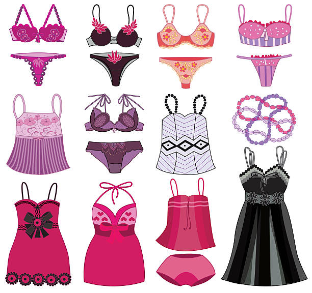 illustrazioni stock, clip art, cartoni animati e icone di tendenza di collezione di lingerie femminile alla moda isolata su bianco (illustrazione vettoriale) - lace pink white black