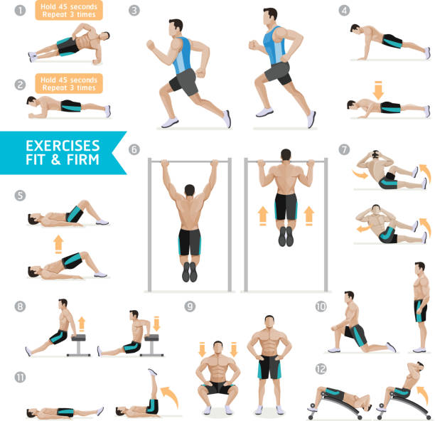 남자 운동 피트니스, 에어로빅과 운동. - muscular build men human muscle body building exercises stock illustrations