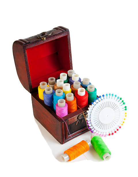 istock Many spools of thread and pins on white background 614513452
