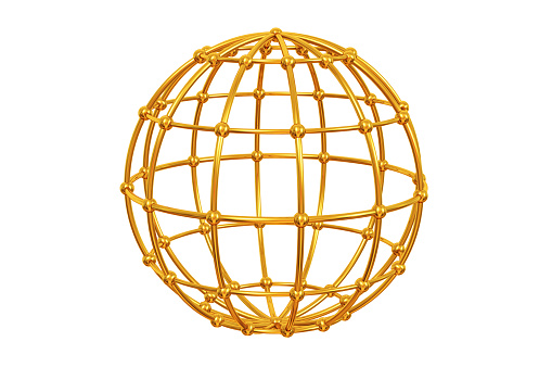 3D rendered gold rings interlocking with each other with beads forming a globe like cage isolated.