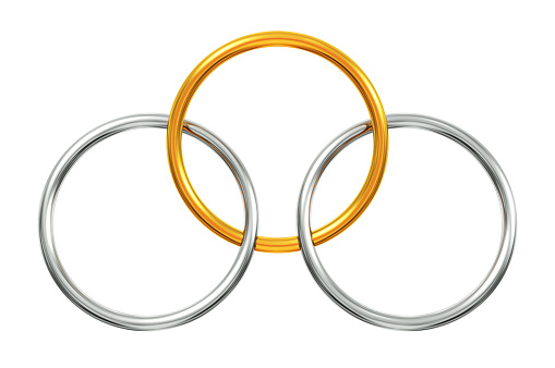 3D rendered two silver rings interlocking with one gold ring isolated.