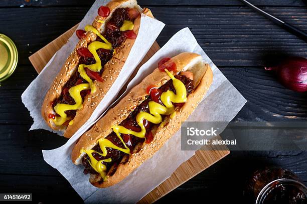 Homemade New York Style Hot Dog With Onion Sauce Stock Photo - Download Image Now - Hot Dog, Beef, Bread