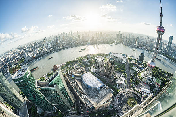 istock Fisheye view of Shanghai Skyline Sunset 614518530