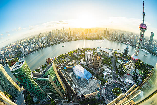 istock Fisheye view of Shanghai Skyline Sunset 614518668
