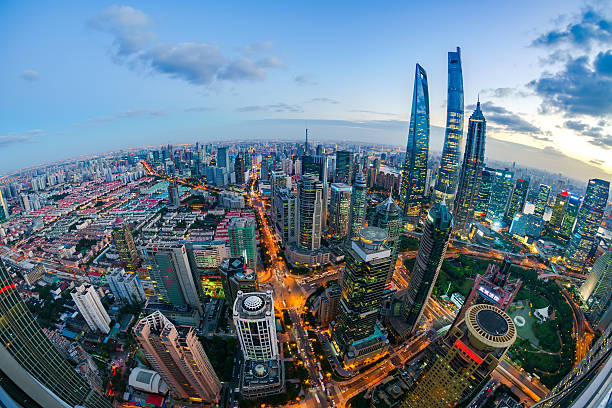 istock Fisheye view of Shanghai Skyline Sunset 614519092