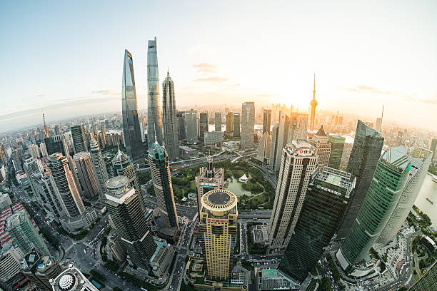 istock Fisheye view of Shanghai Skyline Sunset 614519230
