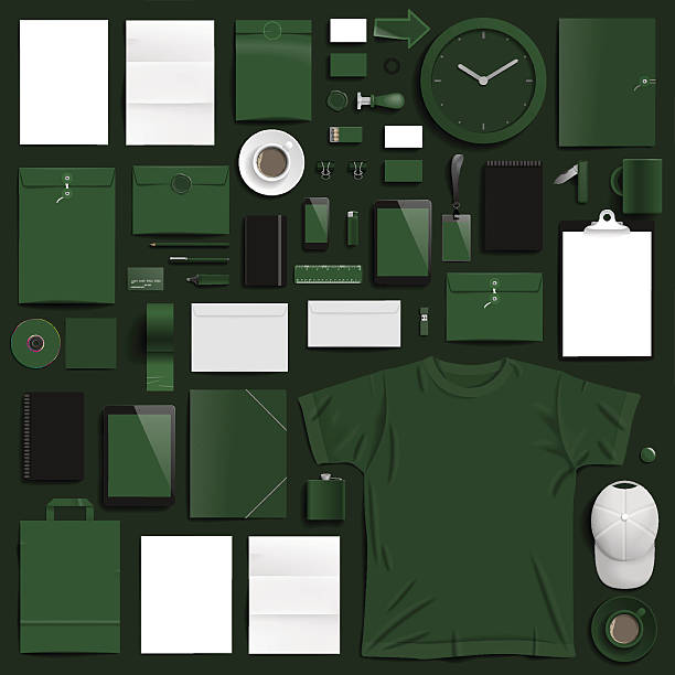 Corporate identity template Corporate identity template on dark green background. Use layer "Print" in vector file to recolor objects. Eps-10 with transparency. square business card mockup stock illustrations