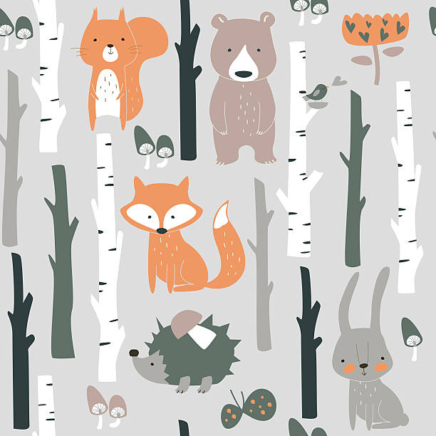 seamlessorangebirchpokemon Forest seamless background with cute fox, bear, bunny, elk, hedgehog, birds, mushrooms and trees in cartoon style birch tree background stock illustrations