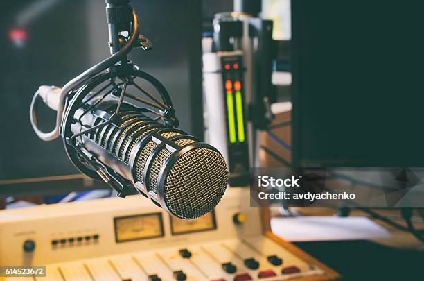 Microphone In Radio Studio Stock Photo - Download Image Now - Radio, Microphone, Radio DJ