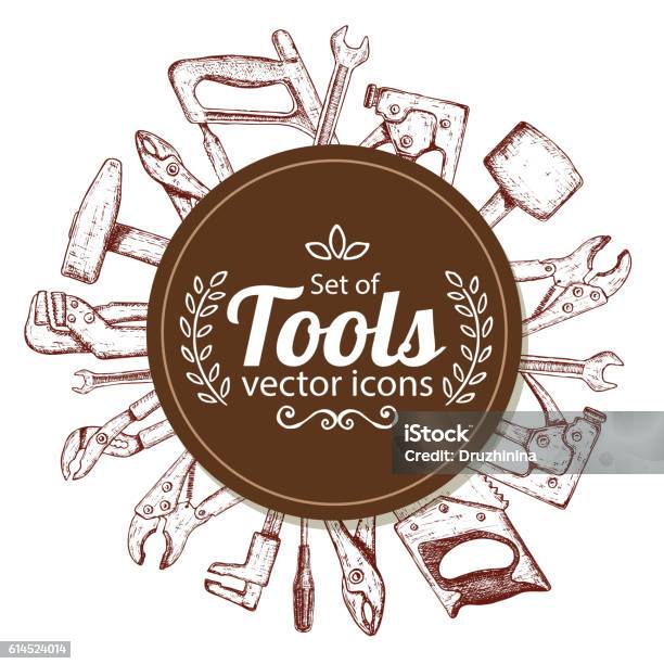 Circle Shape Template With Repair Tools Icons Stock Illustration - Download Image Now - Axe, Backgrounds, Blue-collar Worker