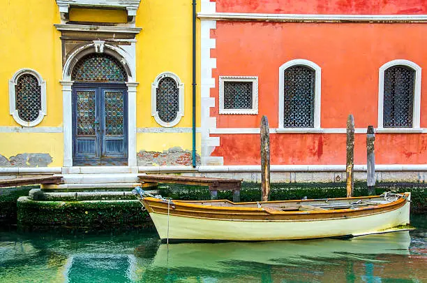 gate venice colorful buildings moored boat canal italy venetian veneto