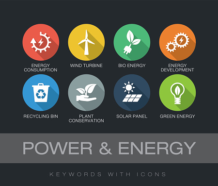 Power and Energy chart with keywords and icons. Flat design with long shadows