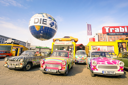 Berlin, Germany - 1 March, 2016: vintage Trabant cars at Trabi Musem at Check Point Charlie in the capital city - The automobile  was produced from 1957 to 1990 by former East German auto maker VEB