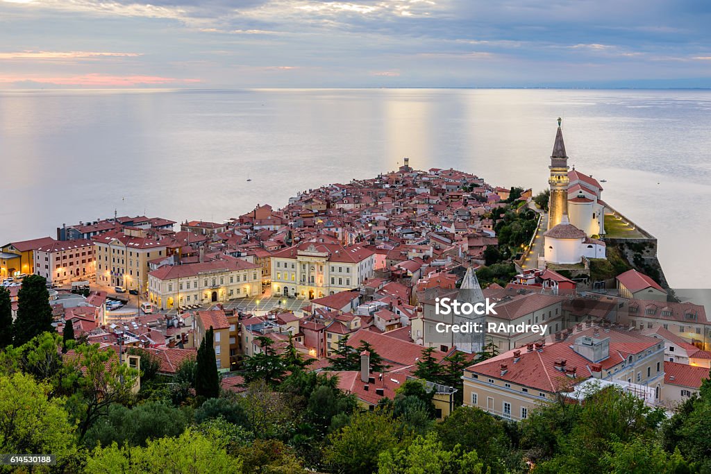 Adriatic sea and city of Piran Panoramic view of Adriatic sea and city of Piran in Istria, Slovenia. Piran Stock Photo