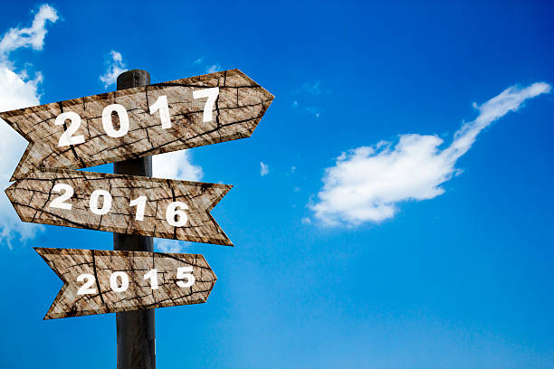 istock wood road sign new year with blue sky 614531580