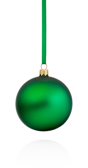 Green Christmas bauble hanging on ribbon Isolated on a white background