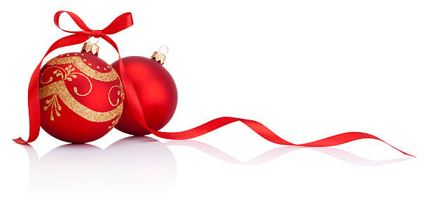 istock Red christmas decoration baubles with ribbon bow isolated on white 614534058