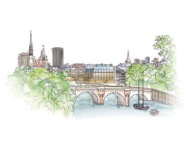 Paris cityscape with Seine riverside view. Old city Street Paris cityscape with Seine embankment. Old city spring view. Street shops and cafe in Paris city. Cityscape - houses, buildings and tree on alleyway. paris france illustrations stock illustrations