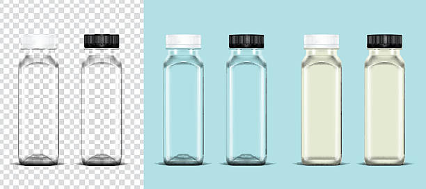 Transparency empty bottle and bottle of milk Transparency empty plastic bottle with white and black on transparent background and milk bottle on light blue background ready for your design . Packaging vector milk bottle milk bottle empty stock illustrations