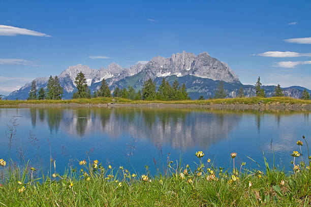 vista sulle montagne di wilder kaiser - ackerlspitze foto e immagini stock