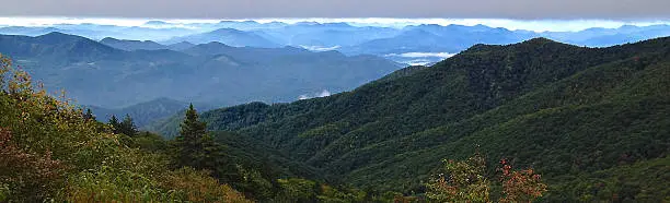 A panorama of the Appalachian mountains with a view into the distant mountain ridges