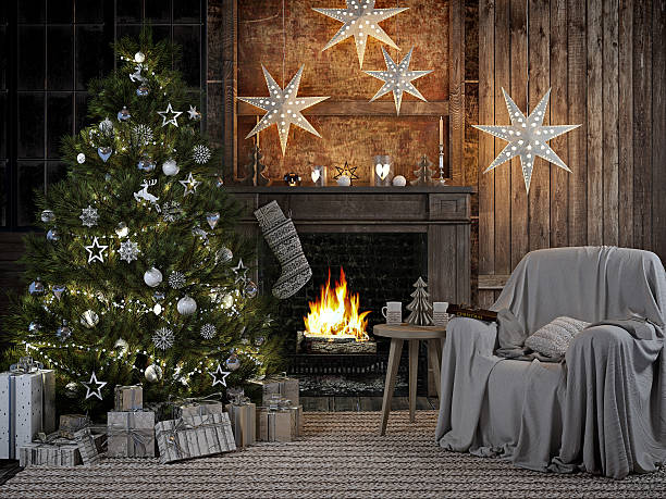 istock cozy christmas interior with firelace and christmastree. 3D RENDERING 614537924