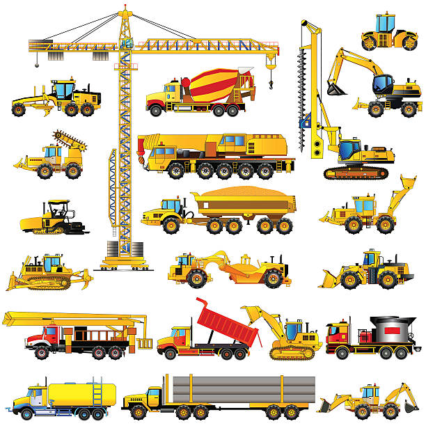 набор тяжелых строительных машин, иконок, изолированных, векторных - wheel tractor scraper stock illustrations