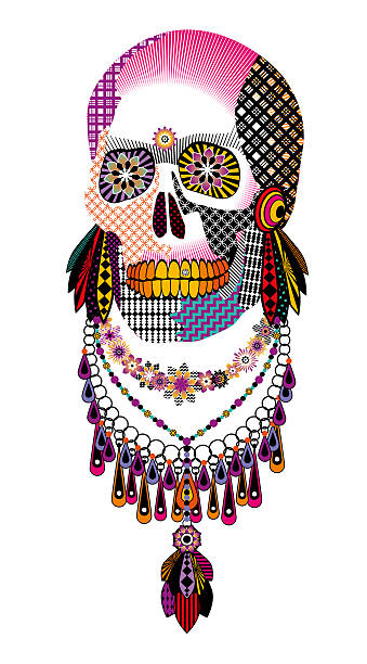 Stylized skull in red, pink and purple colors. Bitmap in cheap popular style.