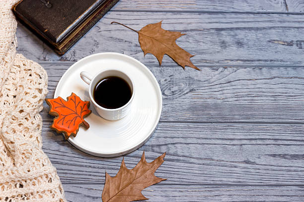 istock Black coffee, knitwear and gingerbread maple leaf 614610438
