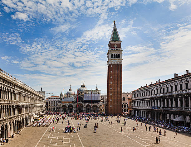 Venice San Marco Above day elevated view along san marco square in Venice, italy, towards Campanile bell tower and cathedral and Ducale palace on a sunny day. st marks square photos stock pictures, royalty-free photos & images