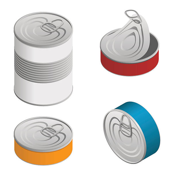 illustrazioni stock, clip art, cartoni animati e icone di tendenza di set isometrico di lattine di latta alimentare aperte e chiuse con - can canned food container cylinder