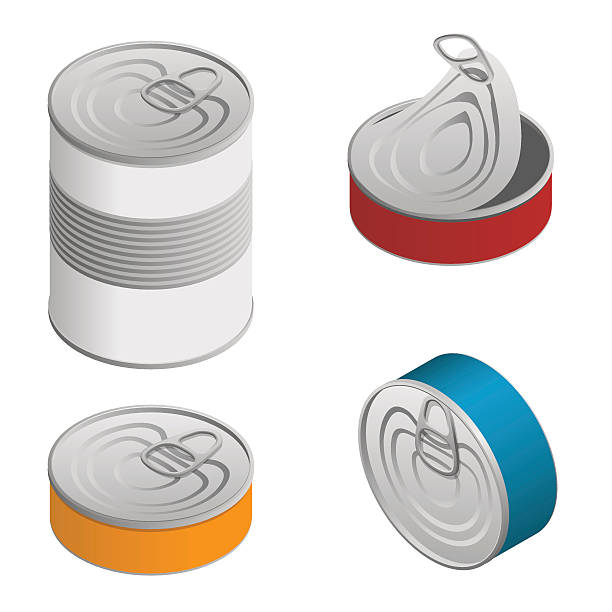 ilustrações, clipart, desenhos animados e ícones de conjunto isométrico de latas de lata de alimentos abertas e fechadas com - lata recipiente